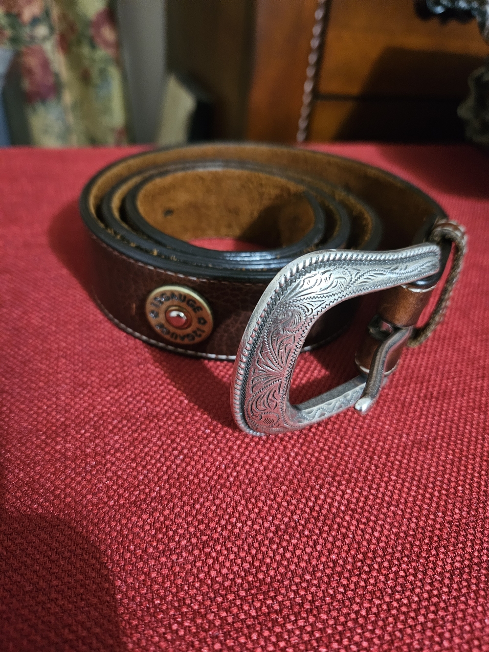 Brown Leather Western-Style Belt with Engraved Silver Buckle